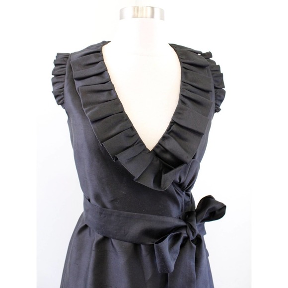 NWT $375 Kate Spade Black Silk Blend Aubrey Ruffle Trim Wrap Tie Dress Size 2 - Picture 3 of 6